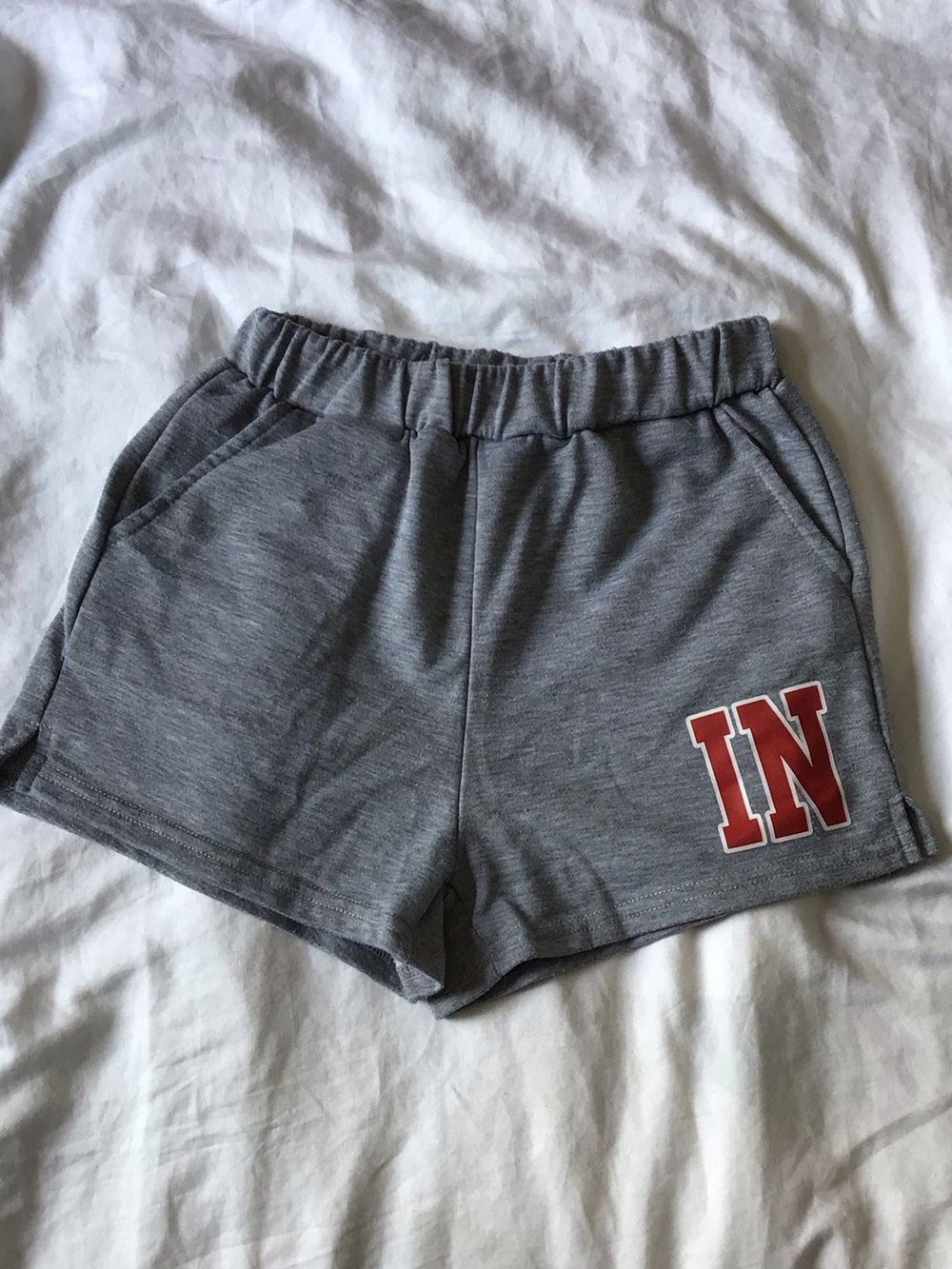 SHEIN Gray Athletic Shorts with Red 'IN' Patch